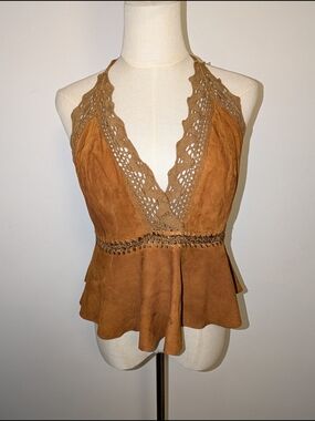 Free People Suede Halter Peplum Camisole — Cognac